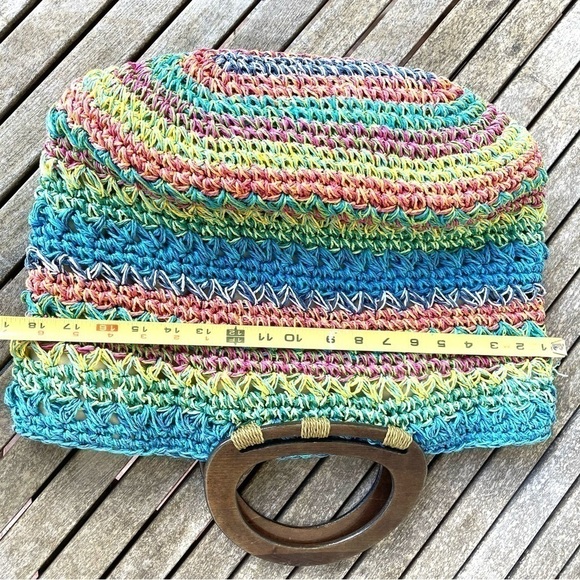 Chico's Straw Woven Multicolor Beach Tote Purse Lined Wood Handles - Picture 4 of 11